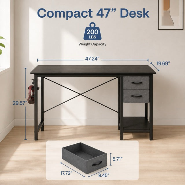 Computer Desk with Fabric Drawers & Side Hook – 47" Wooden Study & Home Office Desk