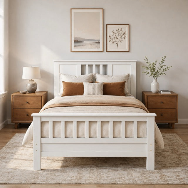 Classic White Solid Wood Twin Bed Frame with Headboard & Footboard, No Box Spring Needed, 9-Inch Storage Clearance