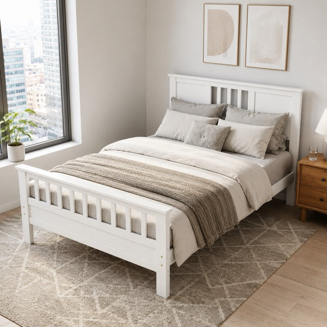 Classic White Solid Wood Twin Bed Frame with Headboard & Footboard, No Box Spring Needed, 9-Inch Storage Clearance