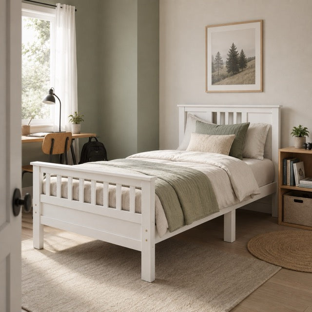 Classic White Solid Wood Twin Bed Frame with Headboard & Footboard, No Box Spring Needed, 9-Inch Storage Clearance