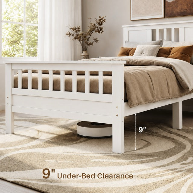 Classic White Solid Wood Twin Bed Frame with Headboard & Footboard, No Box Spring Needed, 9-Inch Storage Clearance