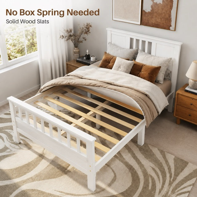 Classic White Solid Wood Twin Bed Frame with Headboard & Footboard, No Box Spring Needed, 9-Inch Storage Clearance