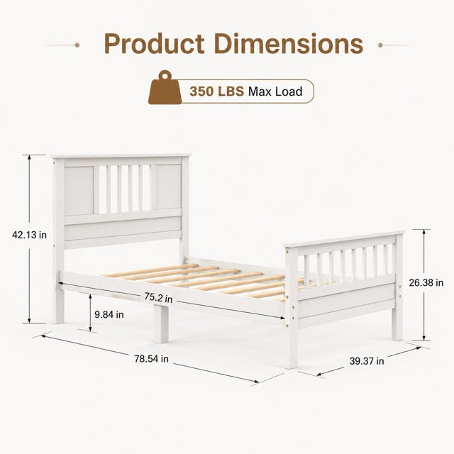 Classic White Solid Wood Twin Bed Frame with Headboard & Footboard, No Box Spring Needed, 9-Inch Storage Clearance