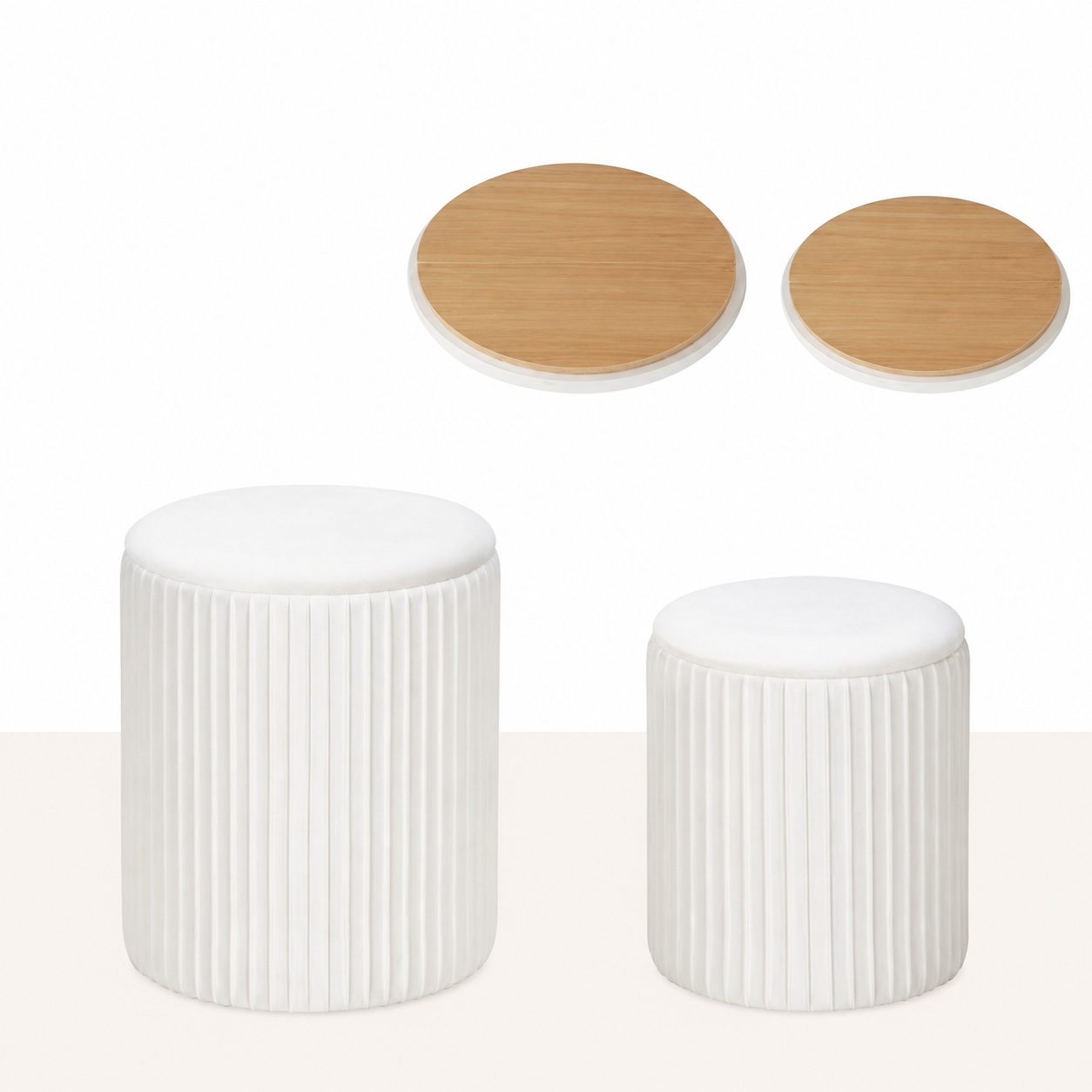 Round Storage Ottoman Set of 2 – Velvet Stackable Footstool with Lid, Dressing Stool & Coffee Table