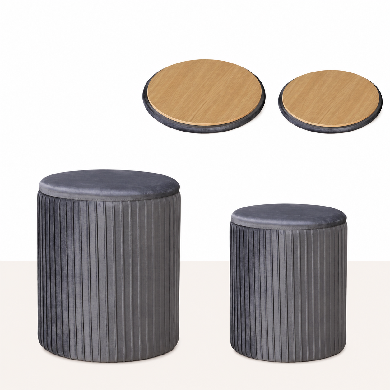 Round Storage Ottoman Set of 2 – Velvet Stackable Footstool with Lid, Dressing Stool & Coffee Table