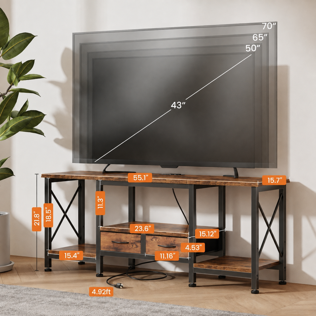 Industrial TV Stand with Built-in Charging Station, Fabric Drawers & Open Shelves – Fits TVs up to 75"