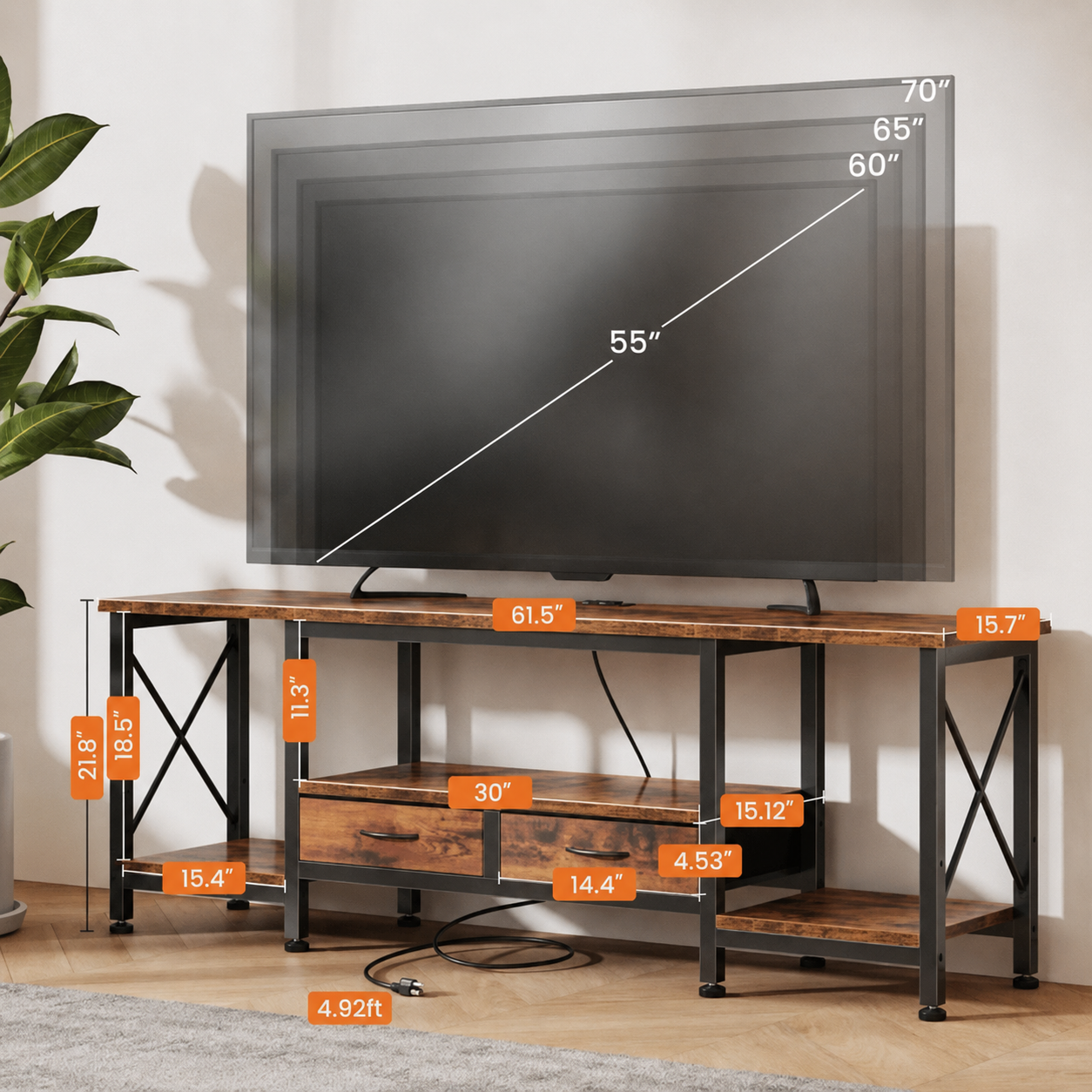Industrial TV Stand with Built-in Charging Station, Fabric Drawers & Open Shelves – Fits TVs up to 75"