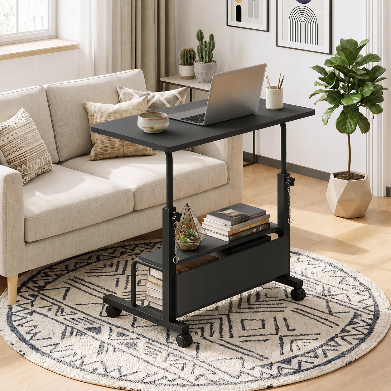 31.5" Adjustable Height Standing Desk with Lockable Wheels & Dual-Layer Storage