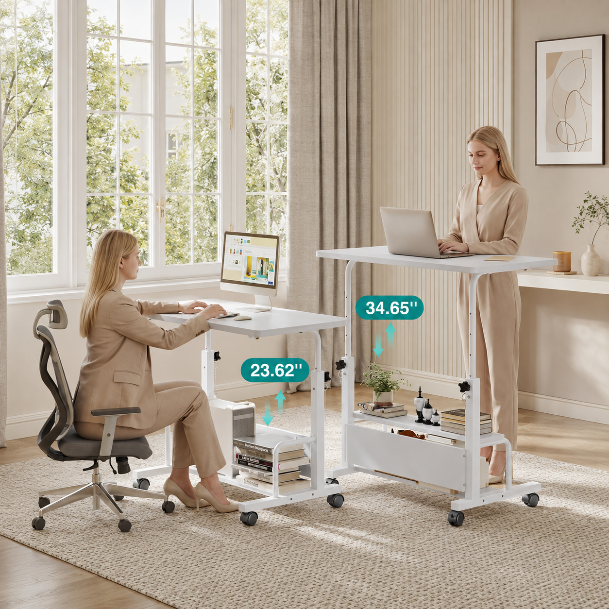 31.5" Adjustable Height Standing Desk with Lockable Wheels & Dual-Layer Storage