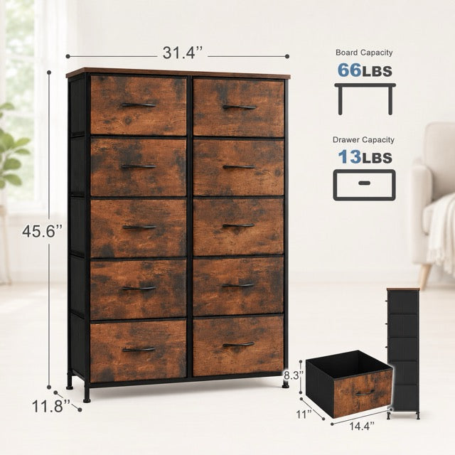 10 Drawer Tall Fabric Dresser for Bedroom & Closet