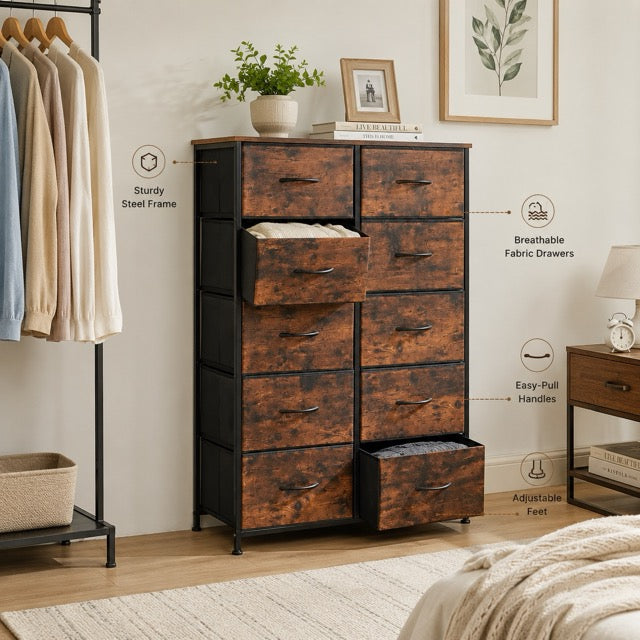 10 Drawer Tall Fabric Dresser for Bedroom & Closet