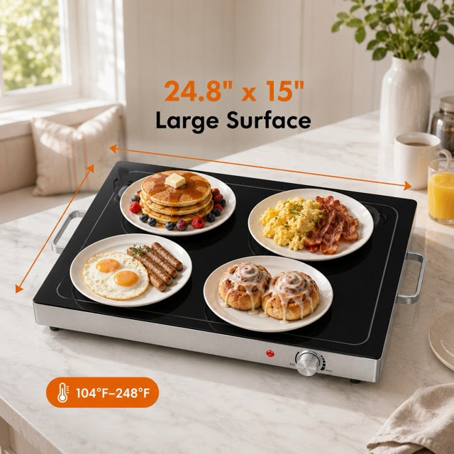 EverServe Electric Food Warming Tray – 24.8" Tempered Glass Surface, Adjustable Temperature for Parties & Buffets
