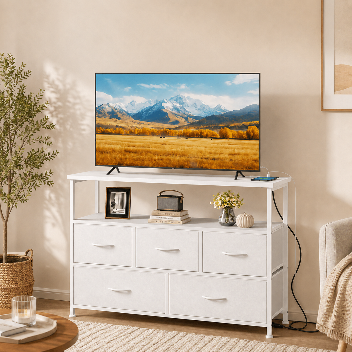 5-Drawer Fabric Dresser with Built-In Charging Station – Steel Frame & Wood Top