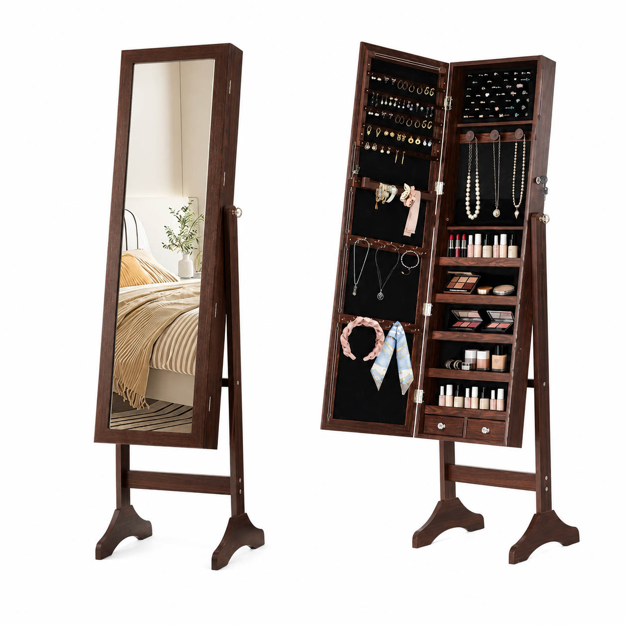 Freestanding Full-Length Mirror Jewelry Cabinet with Adjustable Tilt & Organized Storage