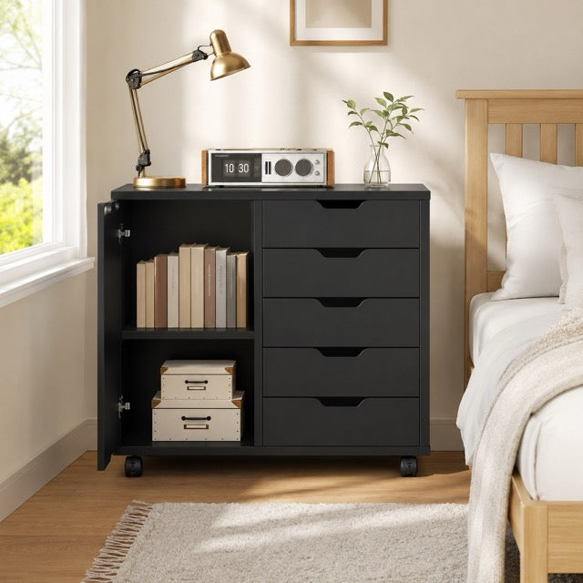 5-Layer Wooden Filing Cabinet with Wheels & Adjustable Shelves – Home Office Storage