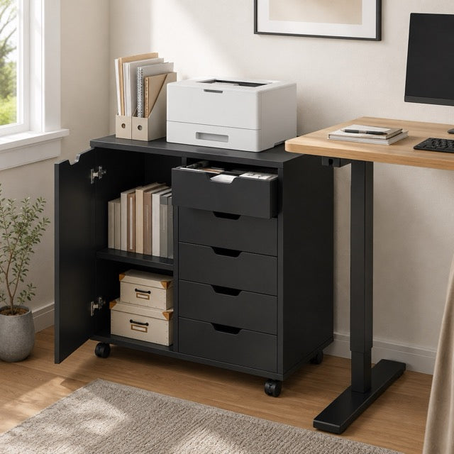 5-Layer Wooden Filing Cabinet with Wheels & Adjustable Shelves – Home Office Storage