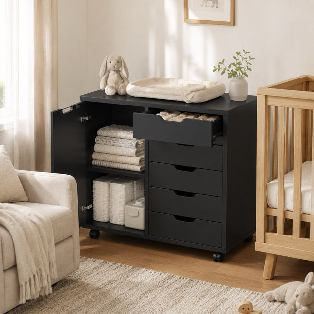 5-Layer Wooden Filing Cabinet with Wheels & Adjustable Shelves – Home Office Storage