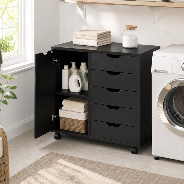 5-Layer Wooden Filing Cabinet with Wheels & Adjustable Shelves – Home Office Storage