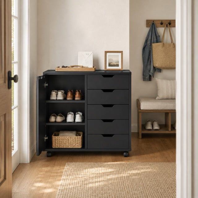 5-Layer Wooden Filing Cabinet with Wheels & Adjustable Shelves – Home Office Storage