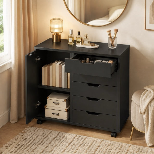 5-Layer Wooden Filing Cabinet with Wheels & Adjustable Shelves – Home Office Storage