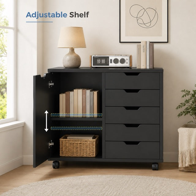 5-Layer Wooden Filing Cabinet with Wheels & Adjustable Shelves – Home Office Storage