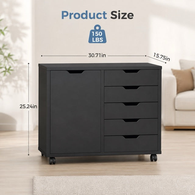 5-Layer Wooden Filing Cabinet with Wheels & Adjustable Shelves – Home Office Storage