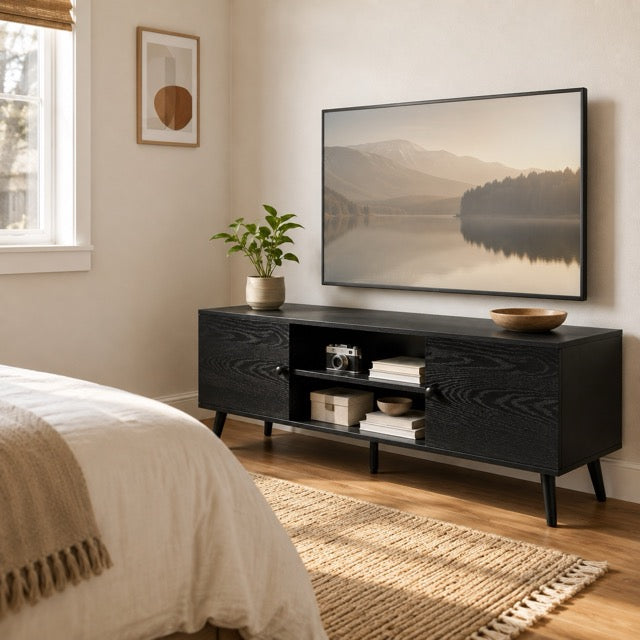 Walnut Wood TV Stand 60 Inch, Double Door Storage Cabinet Entertainment Center for TVs Up to 65"