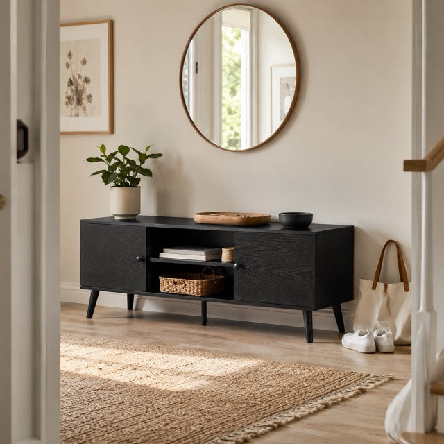 Walnut Wood TV Stand 60 Inch, Double Door Storage Cabinet Entertainment Center for TVs Up to 65"