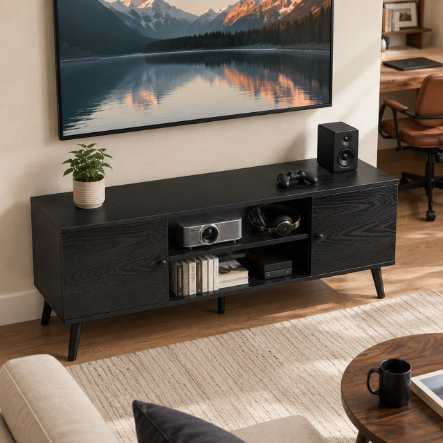 Walnut Wood TV Stand 60 Inch, Double Door Storage Cabinet Entertainment Center for TVs Up to 65"