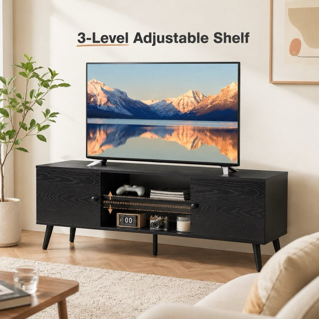 Walnut Wood TV Stand 60 Inch, Double Door Storage Cabinet Entertainment Center for TVs Up to 65"