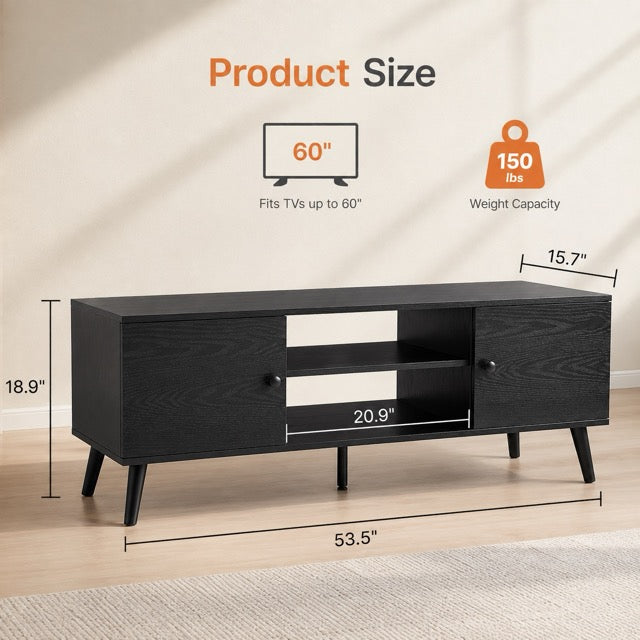 Walnut Wood TV Stand 60 Inch, Double Door Storage Cabinet Entertainment Center for TVs Up to 65"