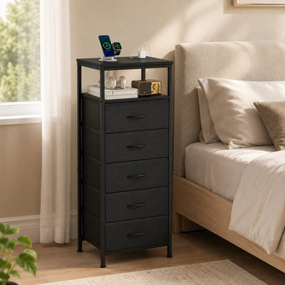 Nightstand with Charging Station – Bedside Table with 3/4/5 Fabric Drawers, LED Strip & USB/Type-C Ports