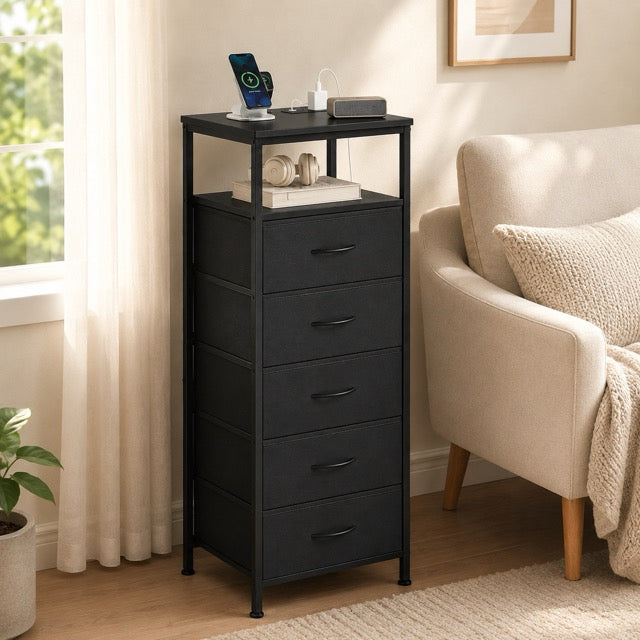 Nightstand with Charging Station – Bedside Table with 3/4/5 Fabric Drawers, LED Strip & USB/Type-C Ports