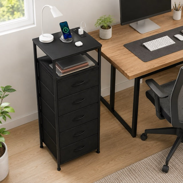 Nightstand with Charging Station – Bedside Table with 3/4/5 Fabric Drawers, LED Strip & USB/Type-C Ports