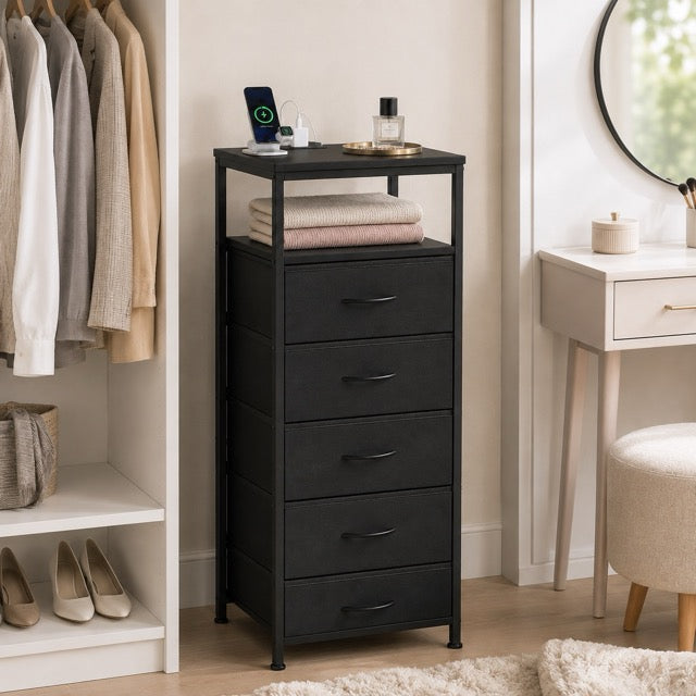 Nightstand with Charging Station – Bedside Table with 3/4/5 Fabric Drawers, LED Strip & USB/Type-C Ports