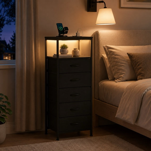 Nightstand with Charging Station – Bedside Table with 3/4/5 Fabric Drawers, LED Strip & USB/Type-C Ports