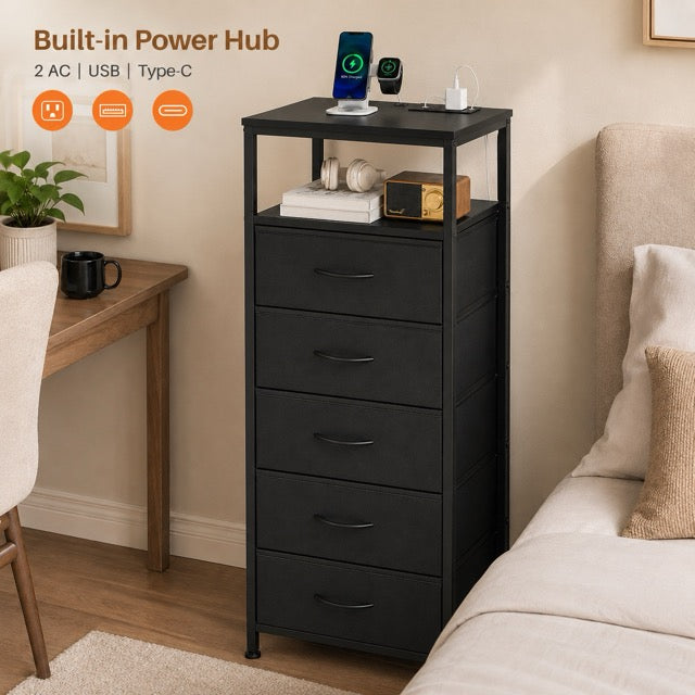 Nightstand with Charging Station – Bedside Table with 3/4/5 Fabric Drawers, LED Strip & USB/Type-C Ports