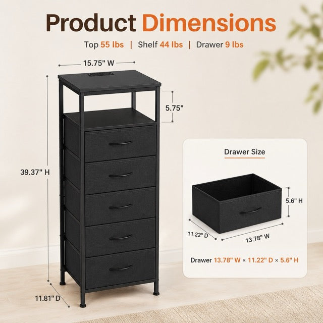 Nightstand with Charging Station – Bedside Table with 3/4/5 Fabric Drawers, LED Strip & USB/Type-C Ports
