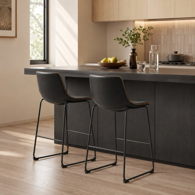 Industrial Faux Leather Bar Stools Set of 2 – 26" Counter Height | WareBay