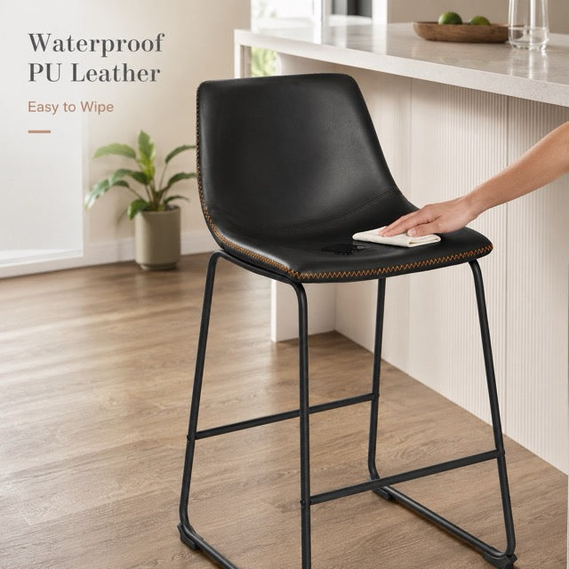 Industrial Faux Leather Bar Stools Set of 2 – 26" Counter Height | WareBay
