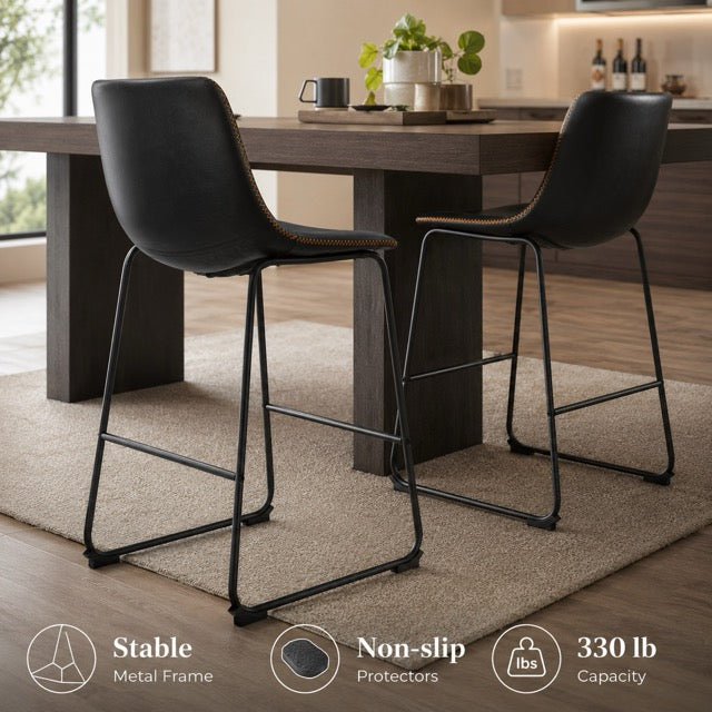 Industrial Faux Leather Bar Stools Set of 2 – 26" Counter Height | WareBay