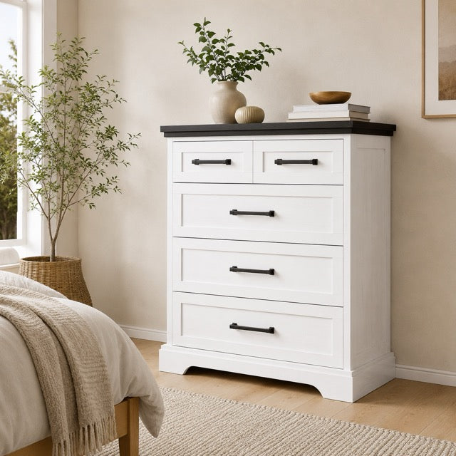 5-Drawer Chest of Drawers – Black & White Country Style Dresser with Wood Top