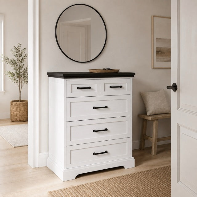 5-Drawer Chest of Drawers – Black & White Country Style Dresser with Wood Top