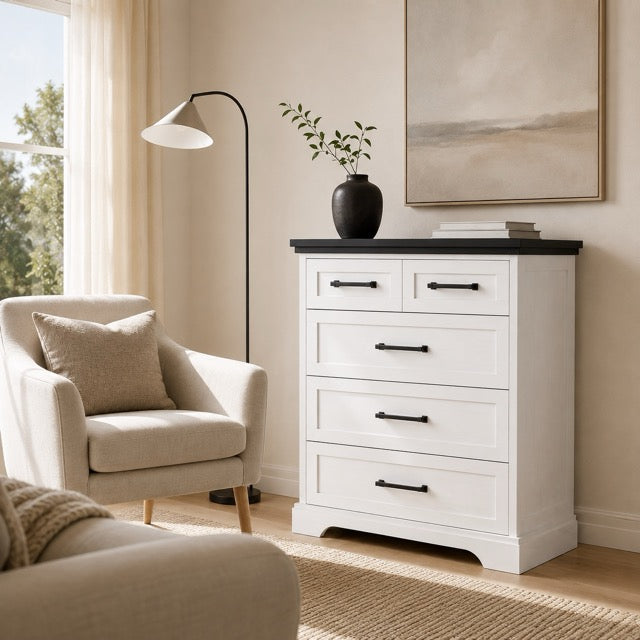5-Drawer Chest of Drawers – Black & White Country Style Dresser with Wood Top