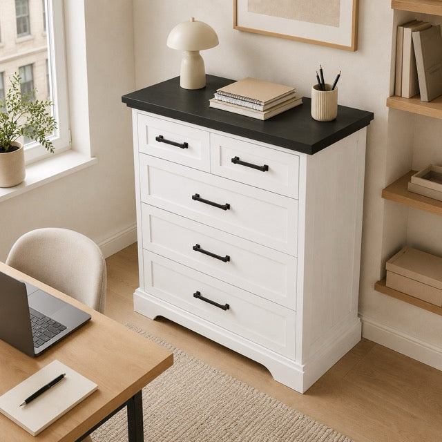 5-Drawer Chest of Drawers – Black & White Country Style Dresser with Wood Top