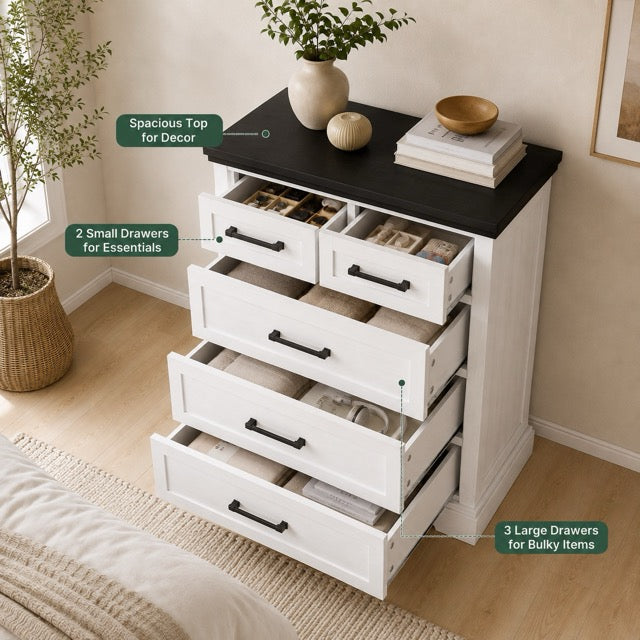5-Drawer Chest of Drawers – Black & White Country Style Dresser with Wood Top