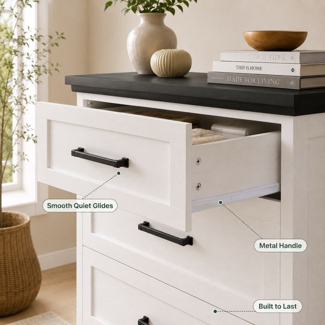 5-Drawer Chest of Drawers – Black & White Country Style Dresser with Wood Top