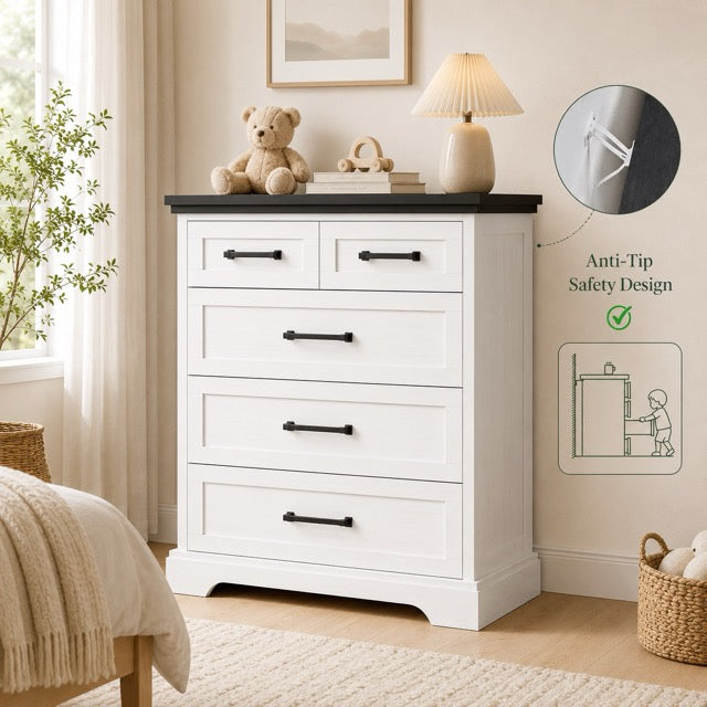 5-Drawer Chest of Drawers – Black & White Country Style Dresser with Wood Top