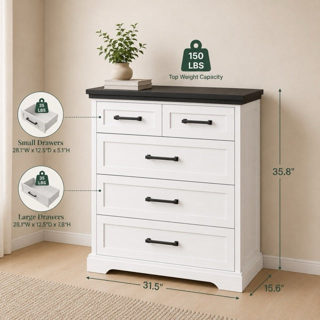 5-Drawer Chest of Drawers – Black & White Country Style Dresser with Wood Top