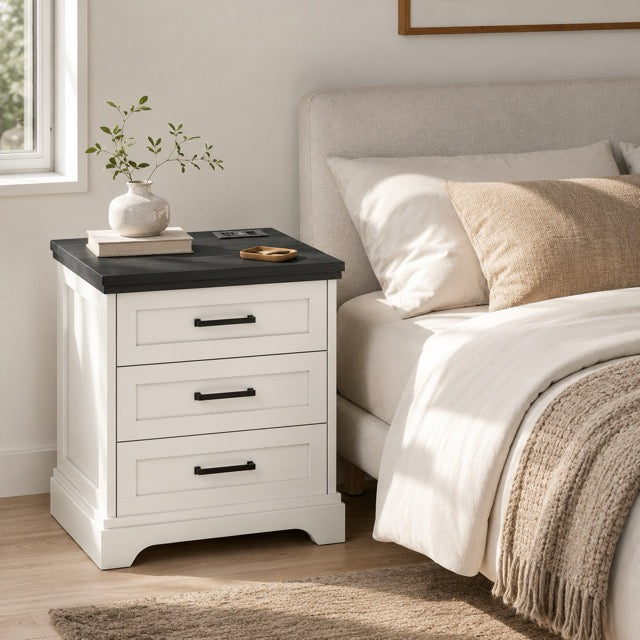 Farmhouse Nightstand with Charging Station & Drawers – Bedside Storage Cabinet | WareBay